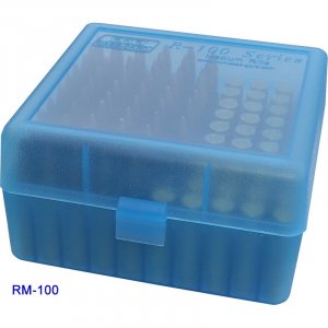 Krabička na náboje MTM Cases, 100ks, .17, .222,.223,6x47, transparentní modrá