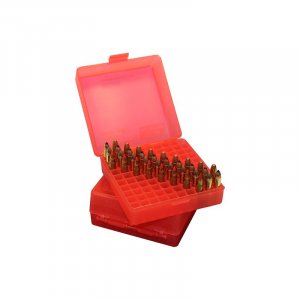Krabička na náboje MTM Cases, Pistol/ Revolver, transparentní červená, 100ks