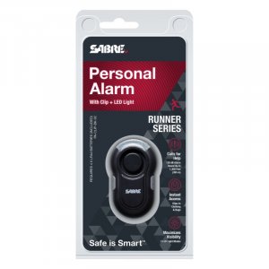 Osobní alarm Sabre Red, na clip se svítilnou LED, na 4 baterie LR44, černý