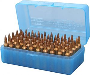 Krabička na náboje MTM Cases Rifle, 50ks .243 Win. apod., transparentní modrá