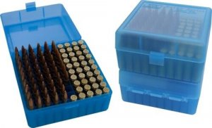 Krabička na náboje MTM Cases, Rifle, 100ks 308 Win. apod., transparentní modrá