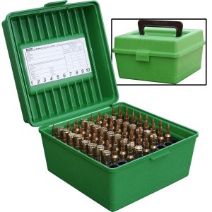 Krabička na náboje MTM Cases, 100ks kulových .22-250 Rem apod., zelená