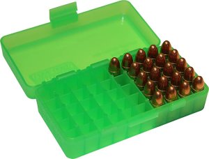 Krabička na náboje MTM Cases, Pistol, 9mm, 50ks, barva zelená čirá