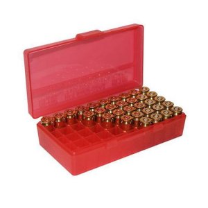 Krabička na náboje MTM Cases, Pistol, .38 Spec./.357 Mag., 50ks, transparentní červená