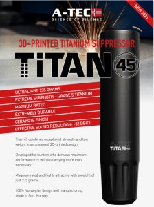 Tlumič A-TEC, model Titan 45, 3D, pro ráže do .30" (7,62mm), adaptér na závit nebo A-LOCK