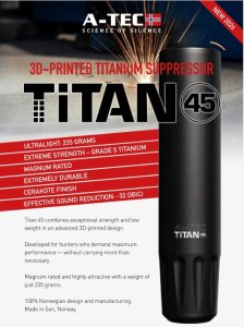 Tlumič A-TEC, model Titan 45, 3D, pro ráže do 6,5mm, adaptér na závit nebo A-LOCK
